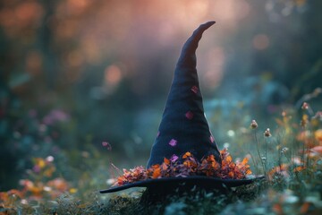 Fototapeta premium A witch's hat with autumn leaves resting in a forest
