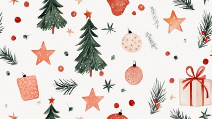 Seamless Watercolor Christmas Design: Trees, Stars, Gifts, Stockings, and Wreaths for Festive Celebrations.
