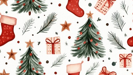 Seamless Watercolor Christmas Design: Trees, Stars, Gifts, Stockings, and Wreaths for Festive Celebrations.