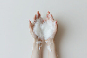 Two hands holding a lot of bubbles, the bubbles are white