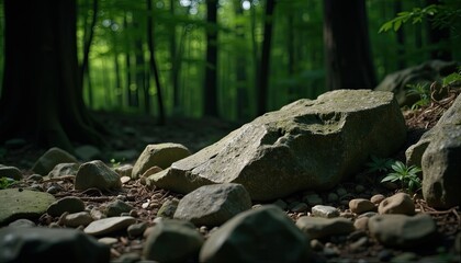 Fototapeta premium A large rock sits in the middle of a forest. The rock is surrounded by small rocks and dirt, and the forest is lush and green. Concept of solitude and tranquility