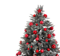 Beautiful Christmas tree decorated with red balls on white background, closeup