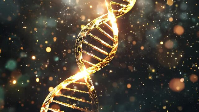 Abstract golden DNA double helix with glowing particles and bokeh.