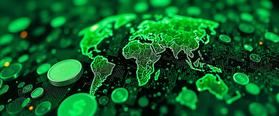 digital representation of credit carbon as currency, circulating through a green economy the globe focusing on investments