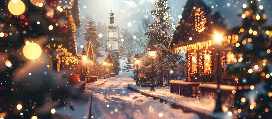 Obraz premium A picturesque winter scene captures charming village adorned with festive lights and decorations. Snow blankets ground, creating magical atmosphere as lanterns illuminate path