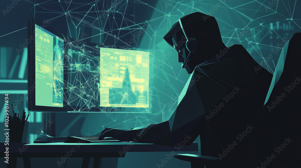 Poster a shadowy hacker sits at their computer, targeting online security. this illustration shows the dang