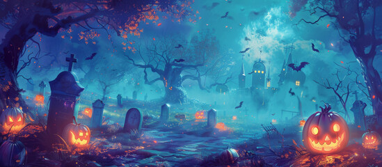 Obraz premium A spooky Halloween scene featuring glowing jack o lanterns, eerie gravestones, and misty graveyard under moonlit sky. Bats flutter among trees, creating haunting atmosphere