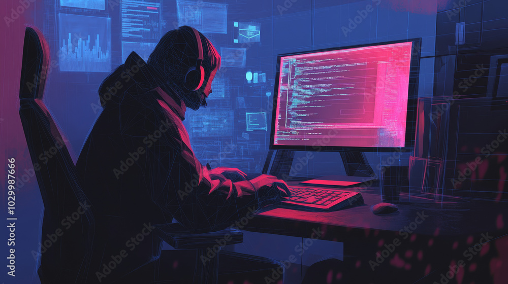 Poster a shadowy hacker sits at their computer, targeting online security. this illustration shows the dang