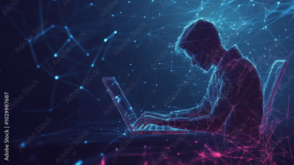 Poster a shadowy hacker sits at their laptop, targeting online security. the image shows a cyber attack in 