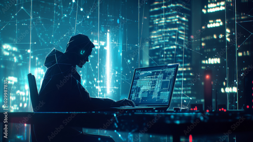 Poster a shadowy hacker sits at their laptop, targeting online security. the image shows a cyber attack in 