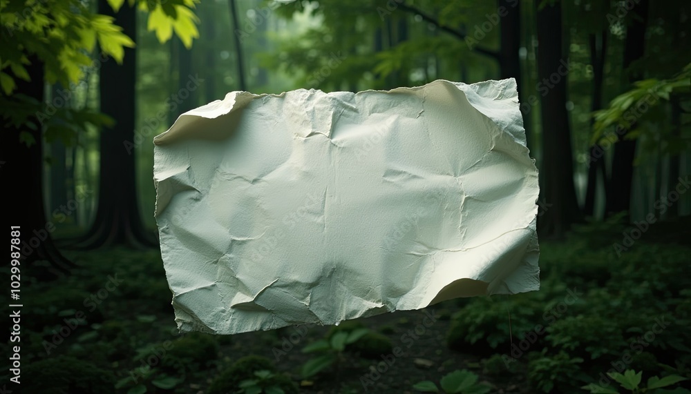 Poster a white piece of paper is floating in the air in a forest. the paper is torn and crumpled, giving it