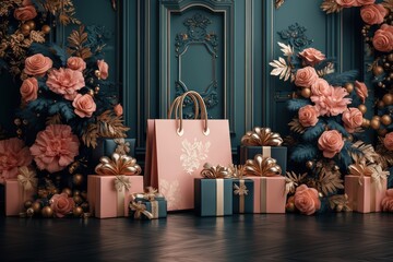 Elegant Black Friday shopping scene featuring luxury gift boxes and a stylish pink paper bag adorned with ribbons and bows, set against a chic floral background.