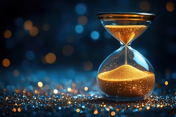 An hourglass filled with glittering sand is illuminated by bokeh lights, giving it a magical and captivating look.