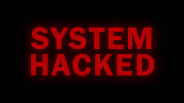 SYSTEM HACKED animation with red text and glitch effect. Perfect for cybersecurity themes, digital ads, and tech promotions. Features a tech savvy look.