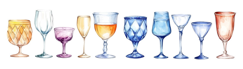 Watercolor set of glass glasses for drinks png. Glass glasses for cocktails, champagne, wine, etc., on a transparent background. Watercolor dishes for drinks. Vector illustration.