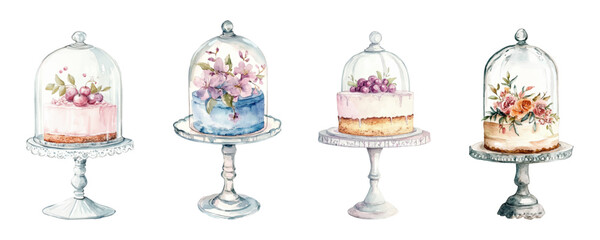 A set of watercolor cakes in glass stands decorated with flowers and berries. Watercolor cakes with flowers in glass flasks. Vintage cakes on a stand. Elements for wedding decor, etc. © Narin