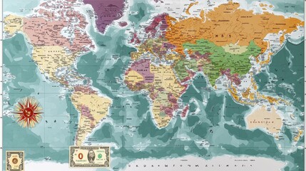 World map with Dollar, Euro, Pound, Yen currencies, flat design illustration