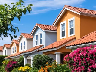 A row of charming colorful houses lined with blooming flowers under a clear blue sky.