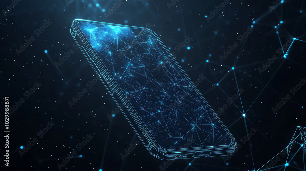 Poster a modern, futuristic design with a low-poly smartphone screen.background features a starry sky made 