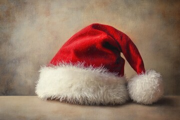 A Red Santa Claus Hat with White Fur Trim on a Canvas Background