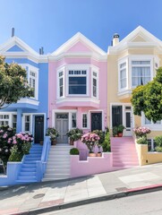 Cheerful street adorned with pastel-colored houses in shades of pink and blue, radiating vibrant charm.