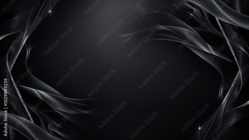 Poster abstract design featuring flowing black and silver shapes intertwined in a dynamic composition again