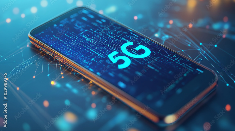 Poster a 3d illustration of a smartphone connected to a fast 5g network. the image shows the speed and glob