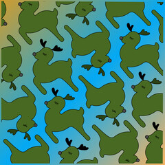 A playful pattern featuring stylized green reindeer against a blue-to-light orange gradient background. The figures are whimsical and cartoonish, creating a cheerful christmas atmosphere.
