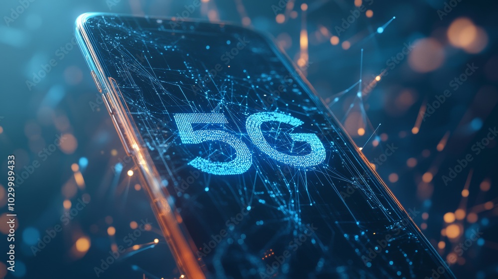 Poster a 3d illustration of a smartphone connected to a fast 5g network. the image shows the speed and glob