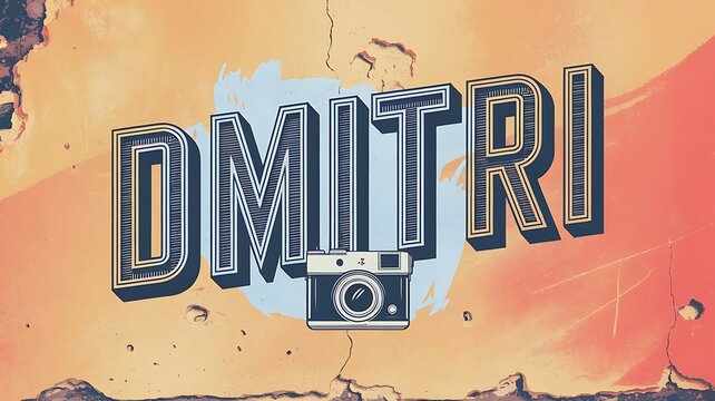 Black and white illustration of name Dmitri with vintage camera on yellow rustic wall backdrop