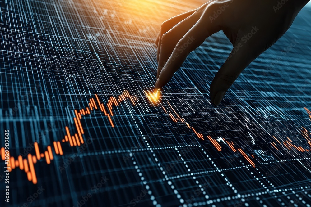 Aufkleber description a hand hovers over a digital graph, symbolizing analysis and interaction with data trend