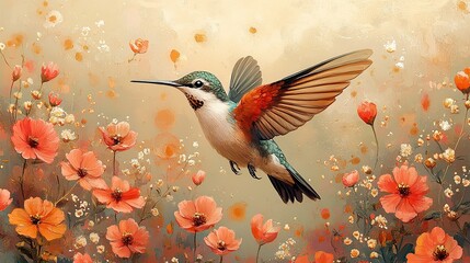 Fototapeta premium An illustration of a hummingbird flies around a floral garden against a pastel background.