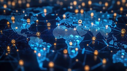 An illustration shows connected people in a digital technology background around the world.