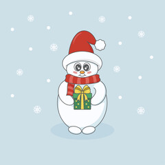 Cute Christmas snowman wearing a Santa hat and striped scarf, holds a small gift box decorated with a ribbon and bow. Cartoon style vector illustration.
