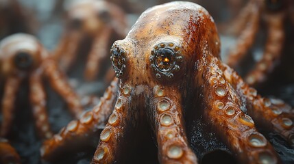 A close-up of a small octopus with large, staring eyes. It is surrounded by other octopuses, all with similar features. The background is blurry and out of focus.