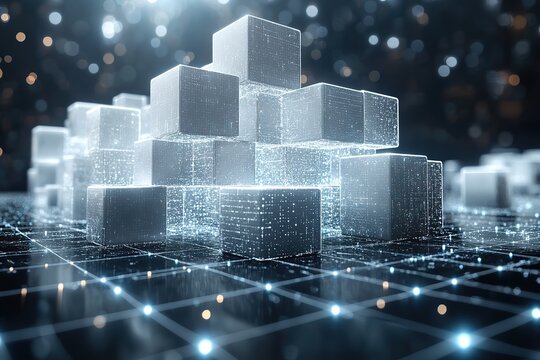 Fototapeta An interconnected network of white cubes represents a complex and organized system of digital elements.