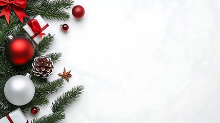 Festive holiday decorations with ornaments and gifts, christmas decor background holiday copy area