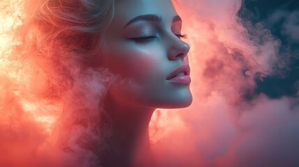 Fototapeta premium An isolated woman's face against a background of pink smoke.