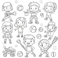 A sports day with various athletic activities, coloring page for kids, simple outline illustration. Coloring book, simple lines.