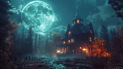 Obraz premium A Mysterious Halloween Night with a Haunted House Under an Enormous Glowing Moonlit Sky