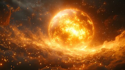 A fiery, glowing celestial body in a dark, starry sky with swirling clouds.