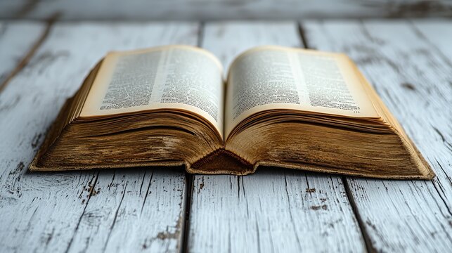 An open book is placed on a white wooden background, highlighting its pages and inviting reading