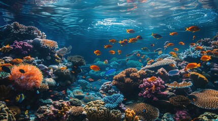 Beautiful Coral Reef with Colorful Fish Swimming Around