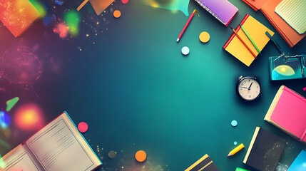 Vibrant Desk Workspace with Colorful Notebooks, Pencils, and Abstract Lighting Effects for Creative and Educational Projects