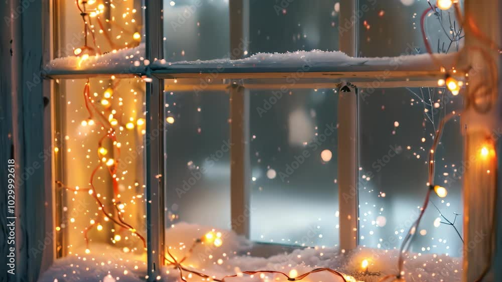 Poster a close-up view of a windowpane with string lights, covered in fresh snow and gently falling snowfla