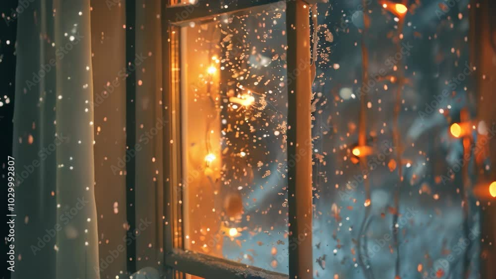 Poster a close-up view of a window with falling snow and glowing lights, snow gently falling outside a wind