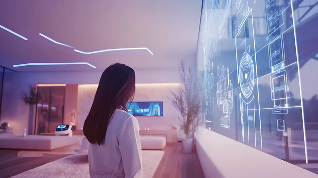 Woman in High-Tech Smart Home with Holographic Interface – Future Living