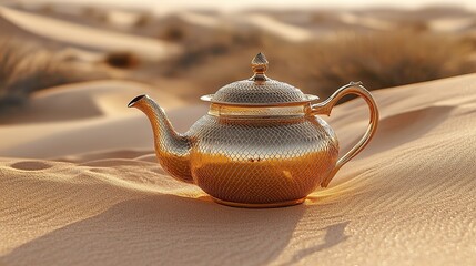 An oriental gold teapot lies on the sand amidst desert dunes, adding a touch of elegance to the arid landscape.