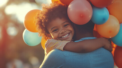 Black African American parent hug kid in middle of colorful balloons to celebrate love between parent and child or birthday background