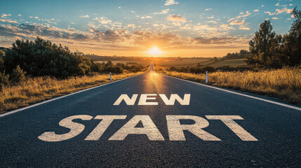 Road to a fresh start with an empty road with written New Start and landscape with horizon to represent the future and positivity and success to come with a new start in life